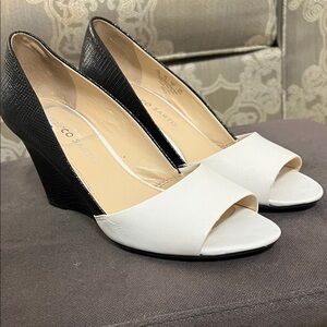 Franco Sarto Black and White Peep-Toe Wedge Heels
